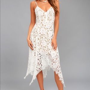 LULUS ONE WISH WHITE LACE MIDI DRESS
